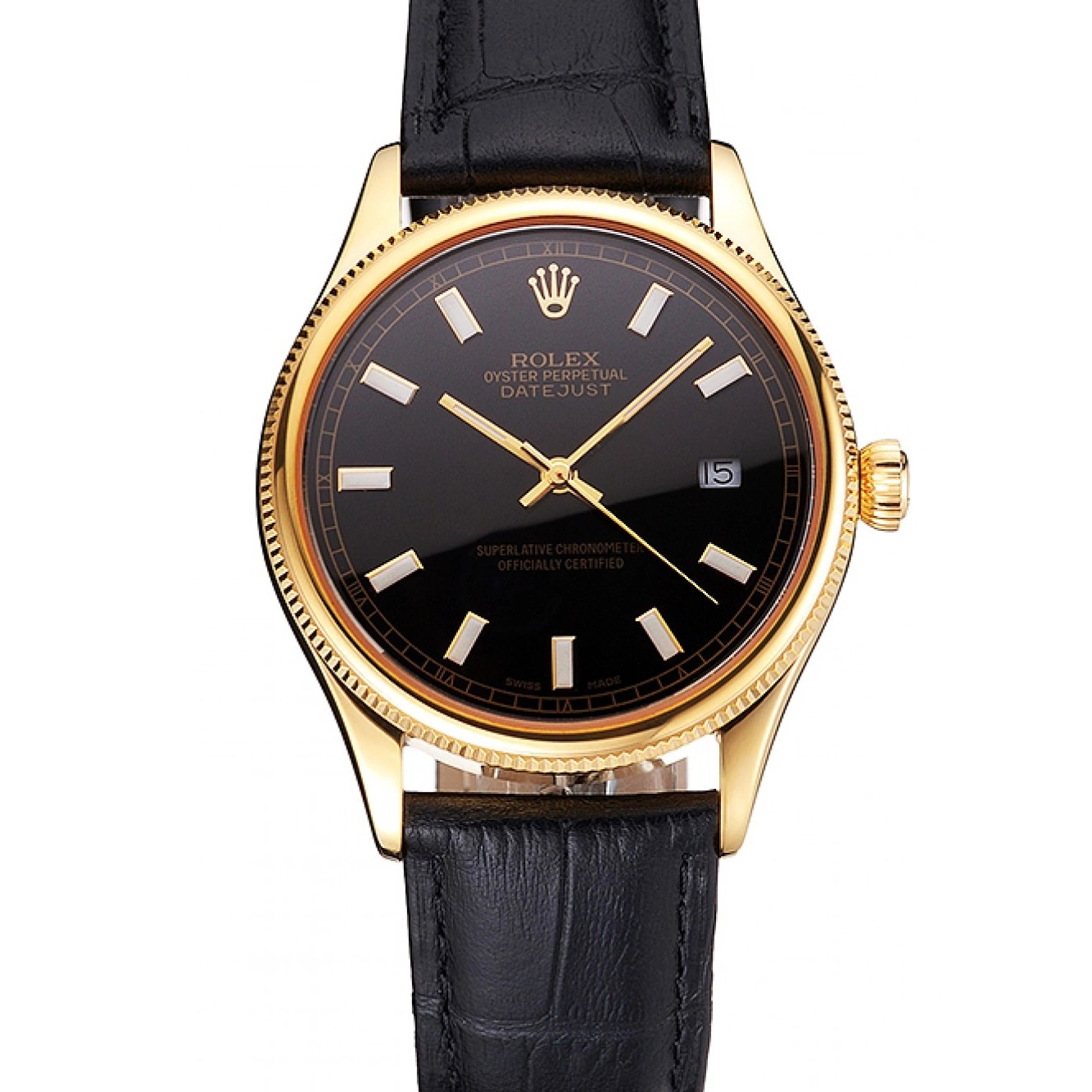 Swiss Case Rolex Strap Leather Gold Black Black Datejust Dial 0626